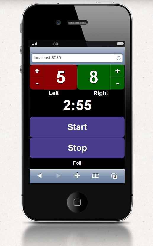 iPhone browser showing the scoreboard at localhost:8080 with Start and Stop